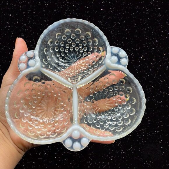 Anchor Hocking Opalescent Moonstone Relish Candy Dish Divided Bowl 1.5”T 6.5”W - Picture 1 of 12